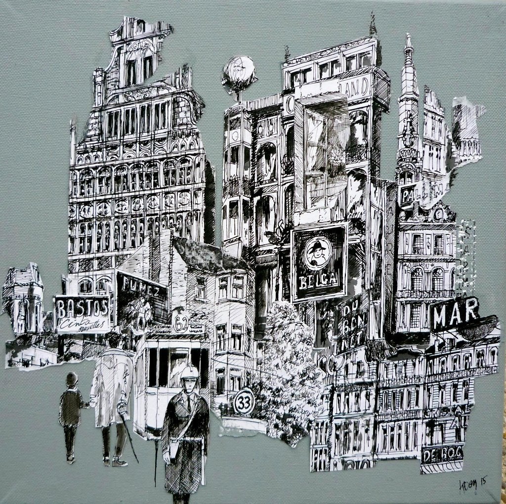 Toile originale acrylique et collage 30x30cm "Bruxelles", Surréalisme, Daté, Dessin, Paysage urbain / rural