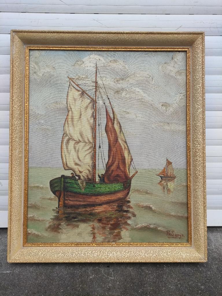 Huile sur toile marouflé marine signe pr samyn, Ophalen of Verzenden
