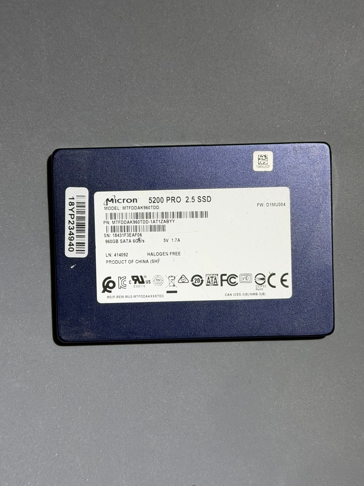 Micron 5200 PRO 960GB SSD - 100% gezondheid, Informatique & Logiciels, Enlèvement, SSD, SATA, Serveur