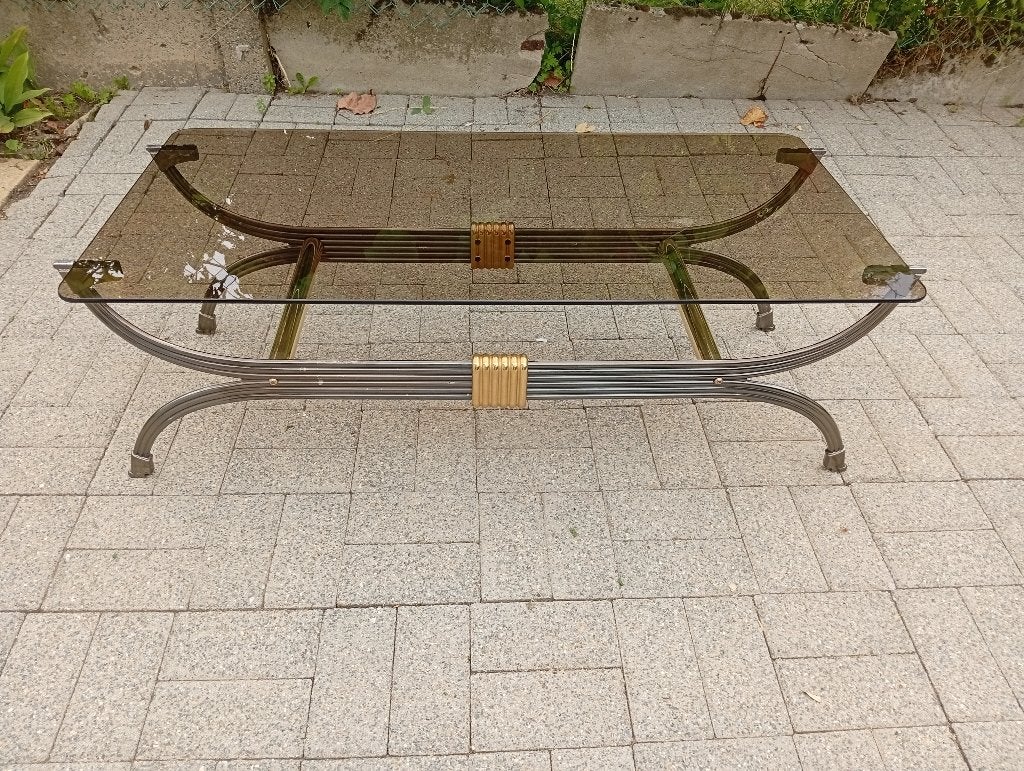 Salontafel vintage 70 metaal rookglas Jansen/Belgochrom, Antiek en Kunst, Antiek | Meubels | Tafels, Ophalen