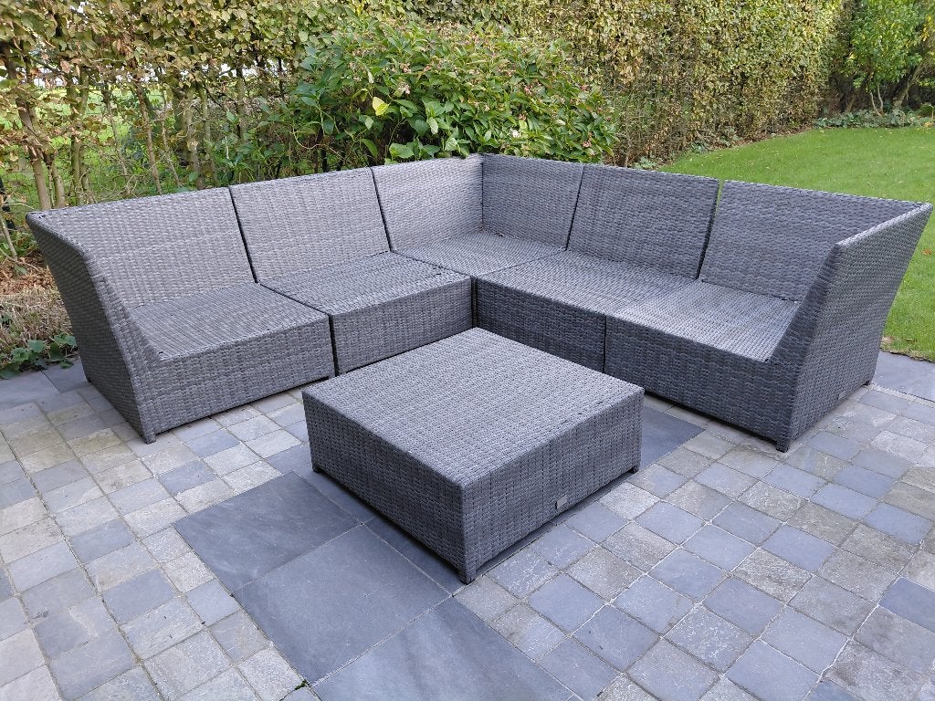 Grijze Wicker Hoeklounge Fun Lodge met kussens, Tuin en Terras, Ophalen, 5 zitplaatsen, Gebruikt, Hocker