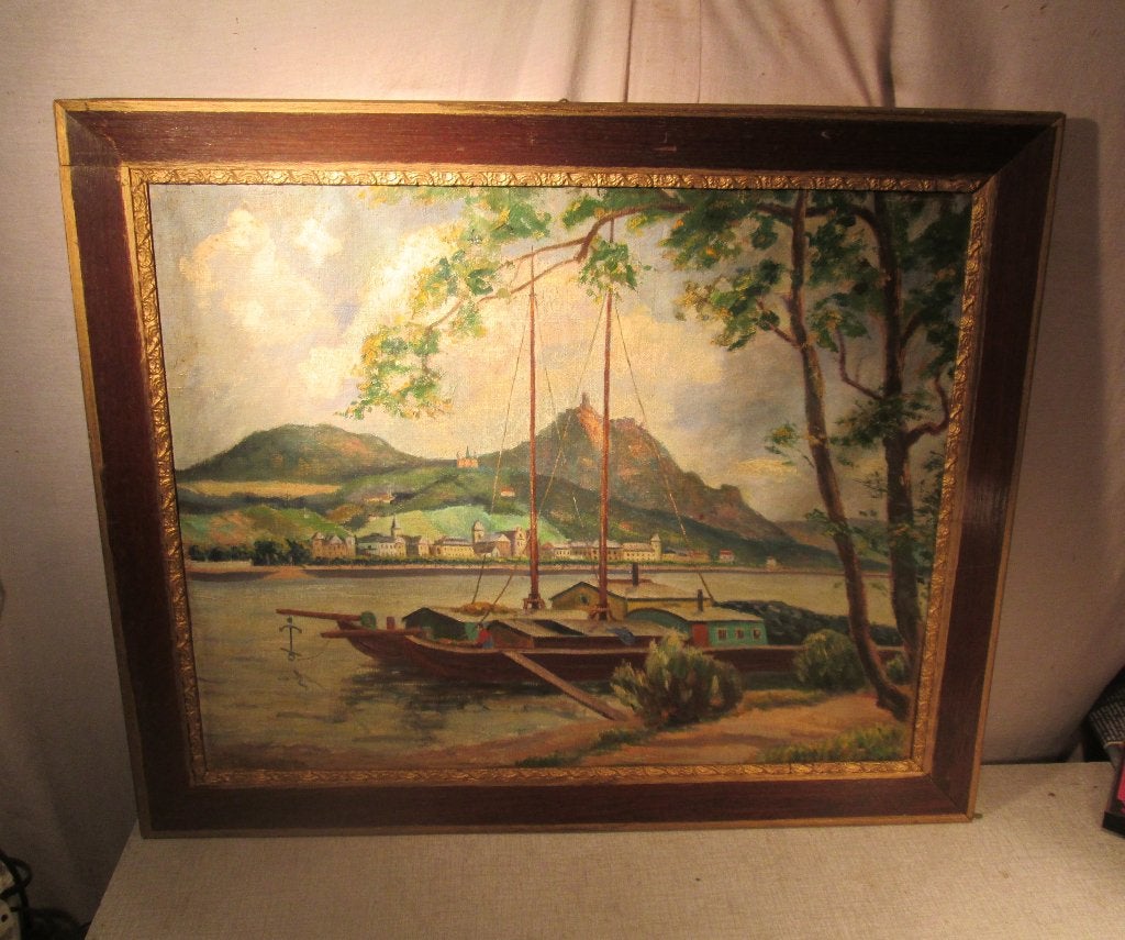 Belle œuvre peinte ancienne « Péniche sur le Grand Fleuve », Enlèvement ou Envoi, Peinture à l'huile, Paysage, Encadré