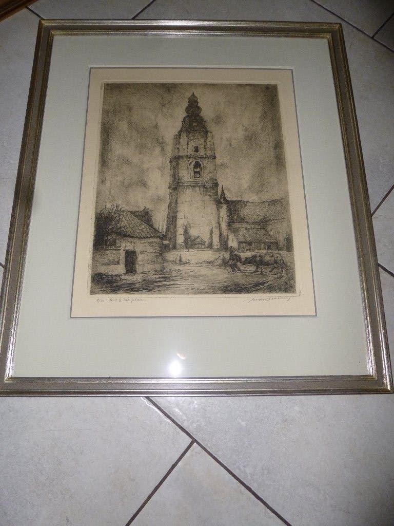 ets gesigneerd , boer met koe , kerk Mespelare, Antiek en Kunst, Ophalen of Verzenden, Ets, Gesigneerd