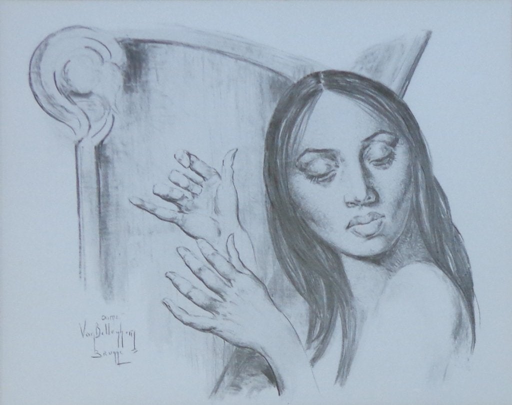 AIME VAN BELLEGHEM / HARPISTE / ZW-W OFFSET / 52x62cm KADER, Antiek en Kunst, Kunst | Litho's en Zeefdrukken, Ophalen of Verzenden