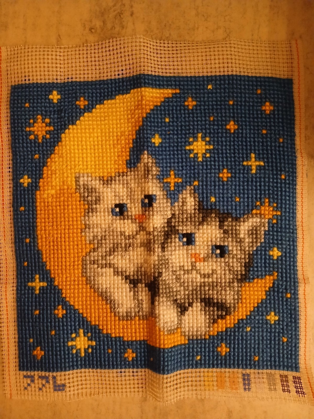 Borduurkussen katjes op de maan, Ophalen, Zo goed als nieuw, Handborduren, Borduurpakket