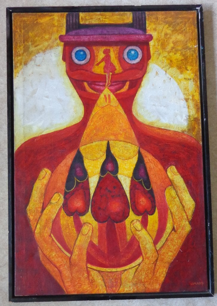 JOAN MARTI / DES COEURS / OLIEVERF DOEK / 125x85cm / KADER, Antiquités & Art, Enlèvement, Signé, Peinture à l'huile