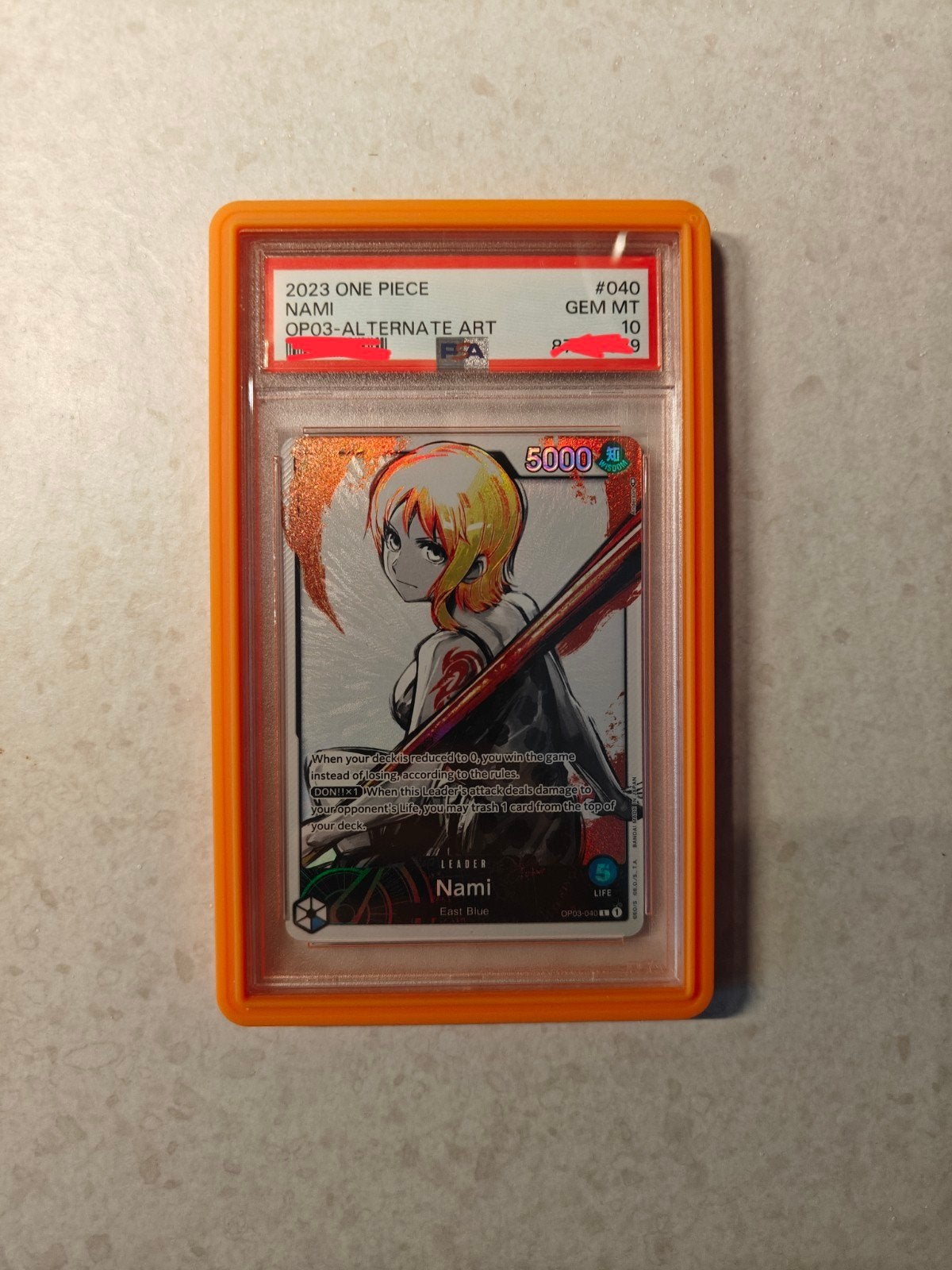 One Piece Nami OP03-040 Alternate Art Leader - PSA 10 Gem Mi, Ophalen, Nieuw, Losse kaart, Foil