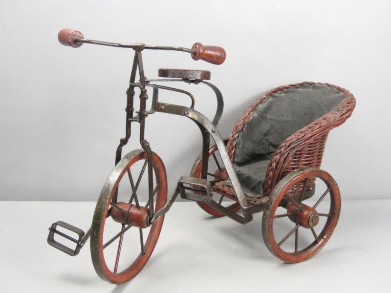Metalen Riksja met wicker zit en hout, Ophalen of Verzenden