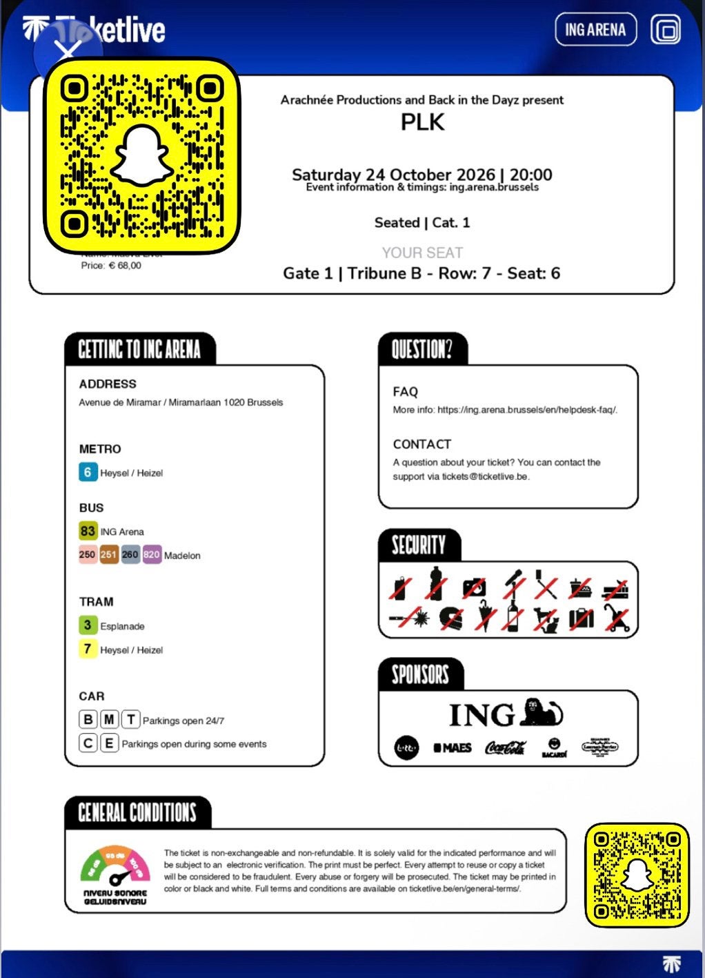 2 Places pour Plk Bruxelles, Enlèvement, Comme neuf