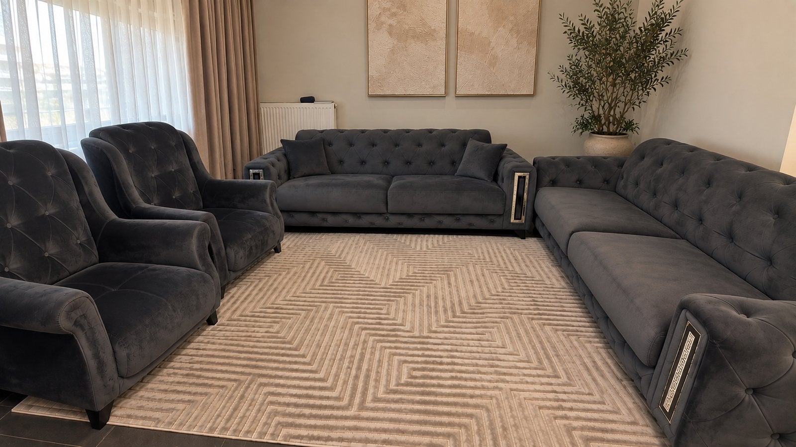 Mooi velvet salon donkergrijs – 2 sofa’s + 2 fauteuils, Huis en Inrichting, Ophalen, Zo goed als nieuw, Stof