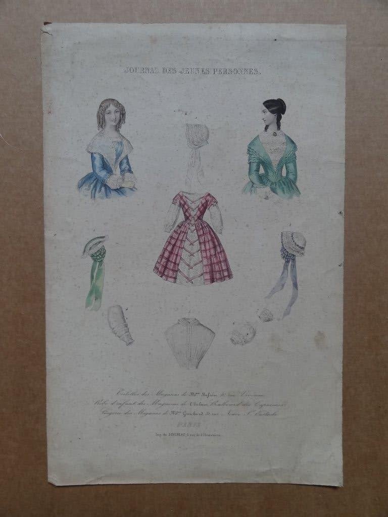 oude prent, mode voor jonge dames, Antiek en Kunst, Gesigneerd, 1800 - 1899, Ets, Mode