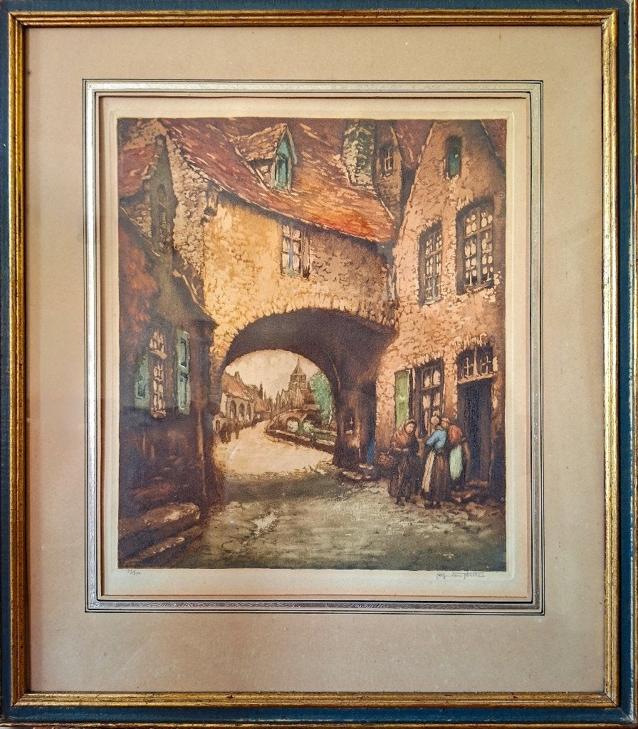 Gravure en couleur d'Alfred Van Neste, Antiquités & Art, Eau-forte, Numéroté, 42 cm, Enlèvement