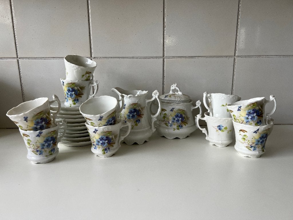 Antiek Duits Theeservies - Blauw Bloemmotief, Antiek en Kunst, Ophalen