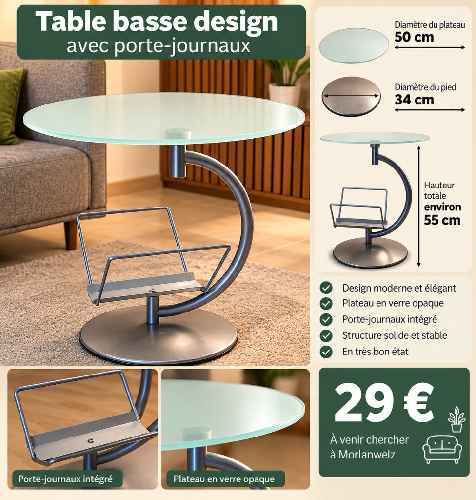 Glazen design salontafel met geïntegreerde krantenhouder, Ophalen, 50 – 75, 50 tot 100 cm, Rond