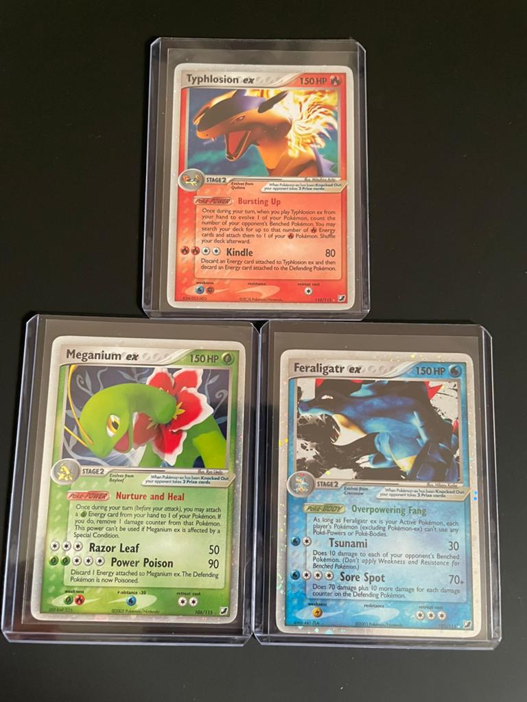 Meganium, Typhlosion & feraligatr ex holo, Enlèvement ou Envoi, Comme neuf, Plusieurs cartes, Foil