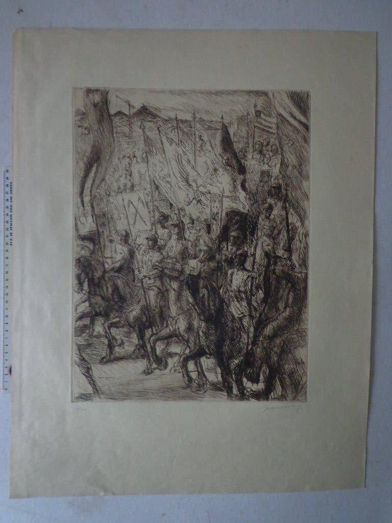 grote ets van Jean Donnay "Les Bannières des 32 métiers", Antiquités & Art, Enlèvement ou Envoi, Eau-forte, Numéroté, 1900 - 1949