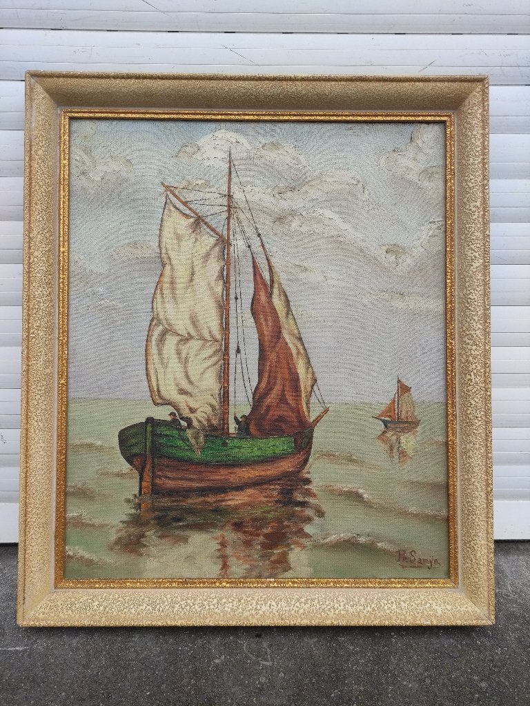 Huile sur toile marouflé marine signe pr samyn, Antiek en Kunst, Ophalen of Verzenden, Paneel