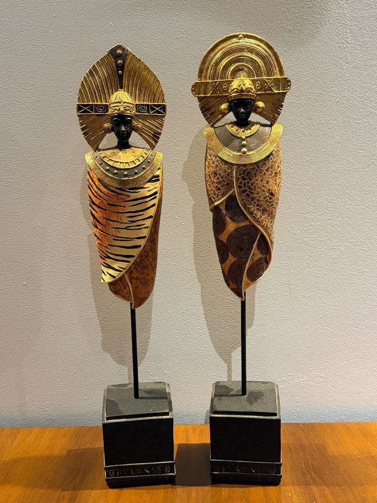Set Grote Afrikaanse Figuren / Decoratie Beelden Goud - 45 c, Ophalen of Verzenden, Beeld, Hout, Goud