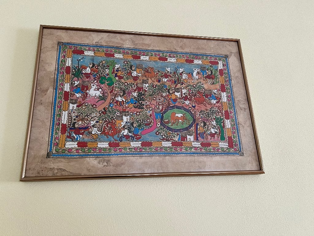 Kleurig schilderijtje uit Mexico met goudkleurig kadertje, Ophalen