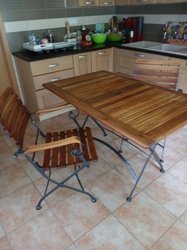Table + 2 chaises d'extérieur repliables, Gebruikt, Eettafel, Loungeset, Hout