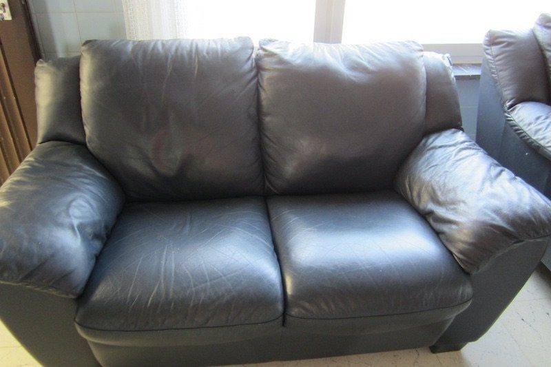 2 zetels in zacht blauw leder, Huis en Inrichting, Zetels | Zetels, Ophalen, Gebruikt, 150 tot 200 cm, Tweepersoons