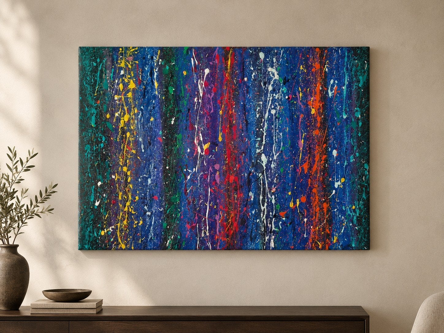 abstract modern schilderij "kleurenregen", Antiquités & Art, Enlèvement ou Envoi