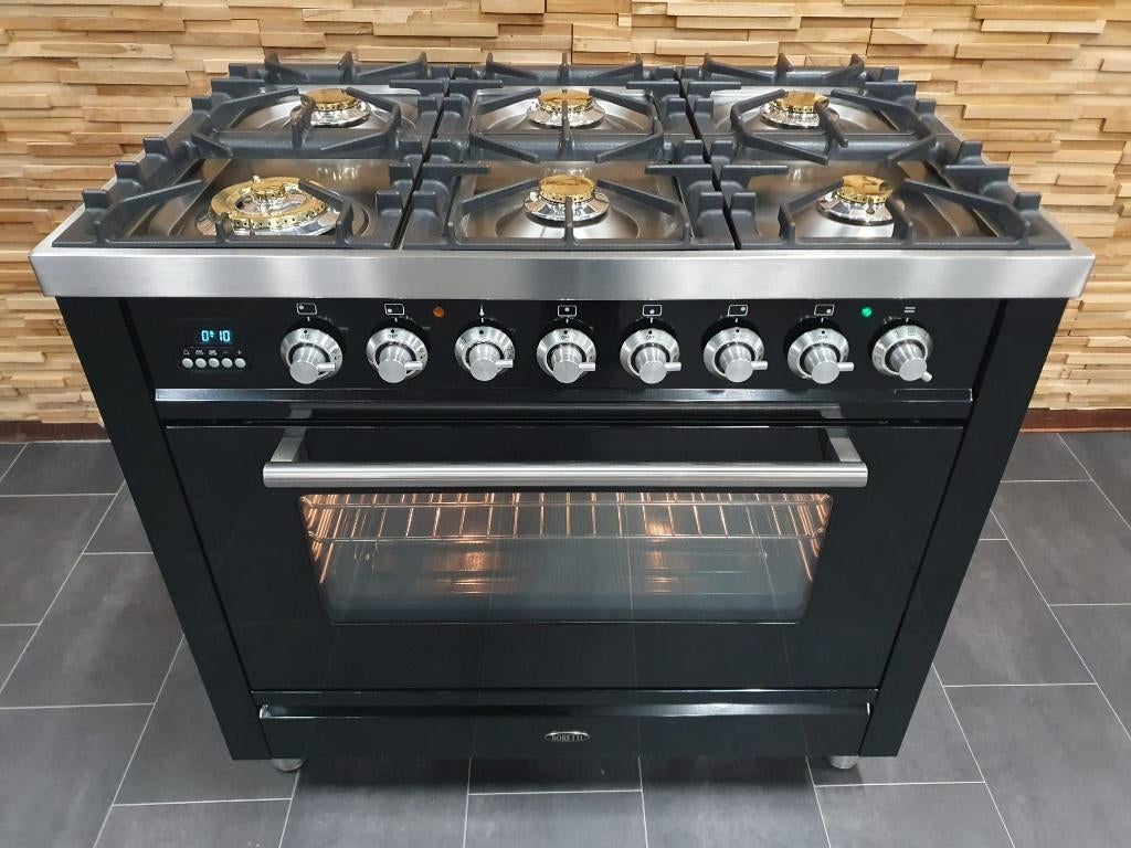 🔥Luxe Boretti Fornuis 90cm hoogglans zwart rvs 6 pit 1 oven, Elektronische apparatuur, Fornuizen, Ophalen, 60 cm of meer, Zo goed als nieuw