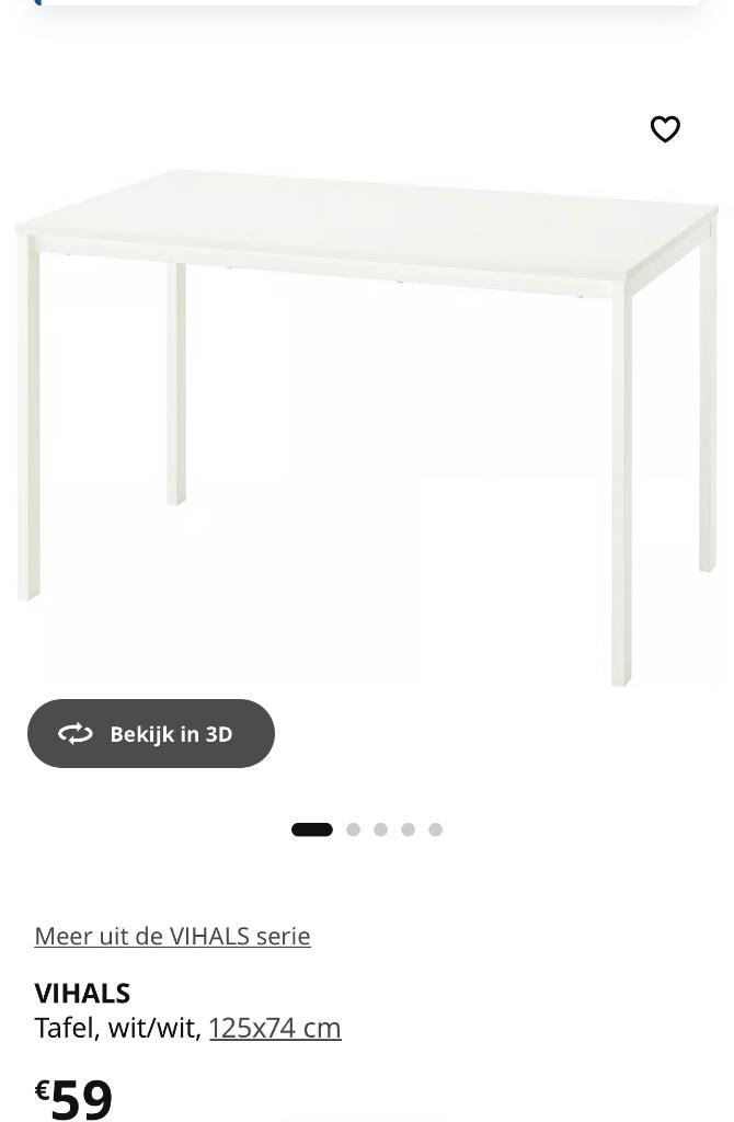 Tafel IKEA VIHALS 125x74cm (wit), Huis en Inrichting, Ophalen, 100 tot 150 cm, Nieuw, 50 tot 100 cm