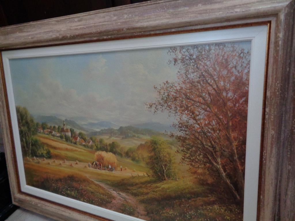 Prachtige grote gesigneerde schilderij met mooie eiken kader, Ophalen of Verzenden