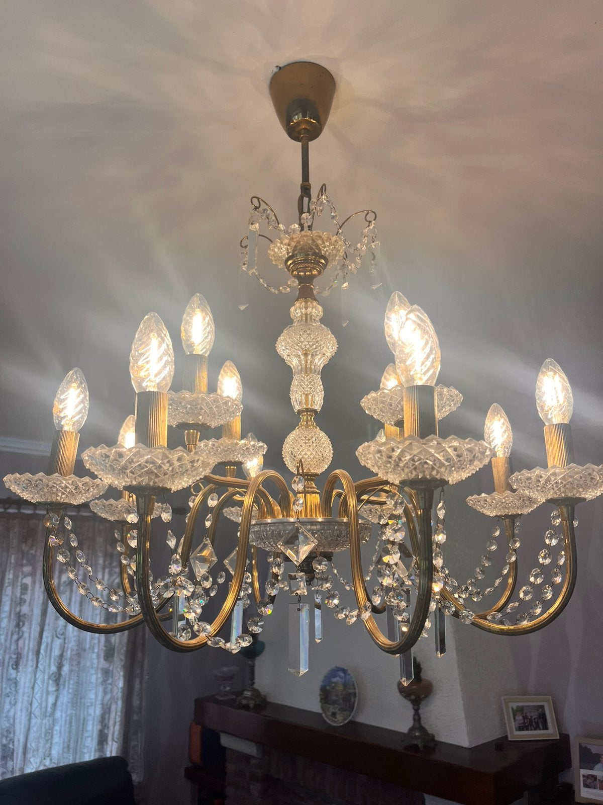 Grand lustre vintage à 12 lumières, Maison & Meubles, Enlèvement, Utilisé, Verre