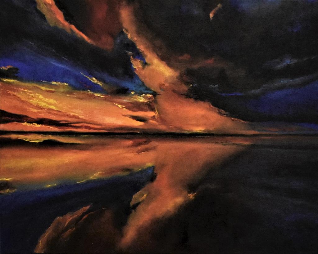 Zonsondergang in weerspiegeling van wolken en zon, Joky Kamo, Ophalen, Landschap