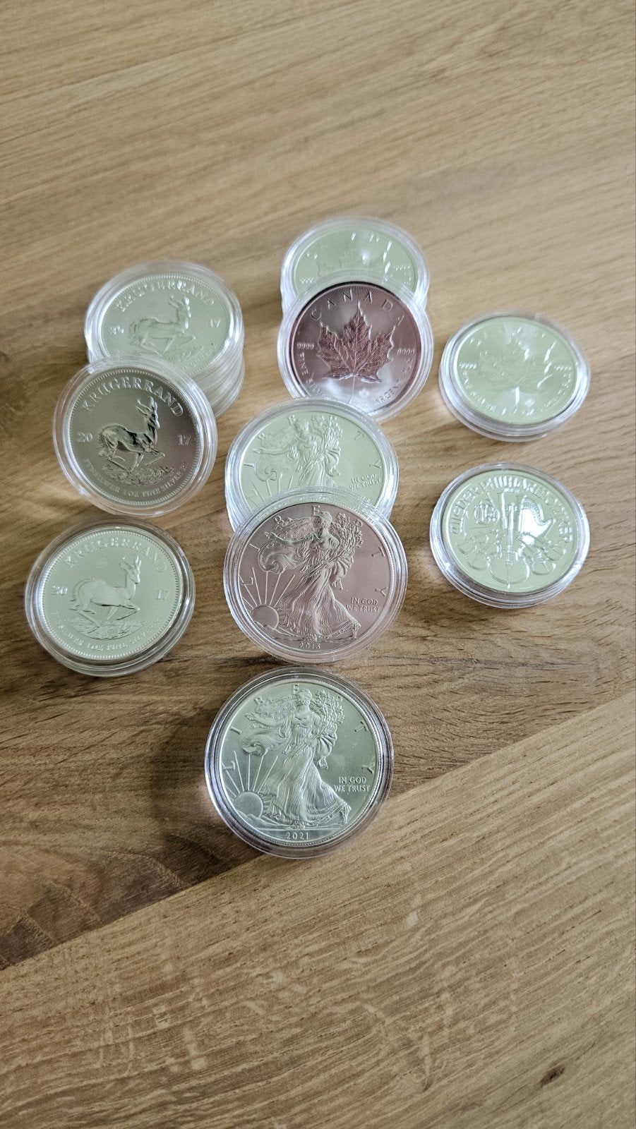 Drie sets van vijf zilveren 1 OZ munten, jaartal variabel., Ophalen, Overige landen, Setje, Zilver