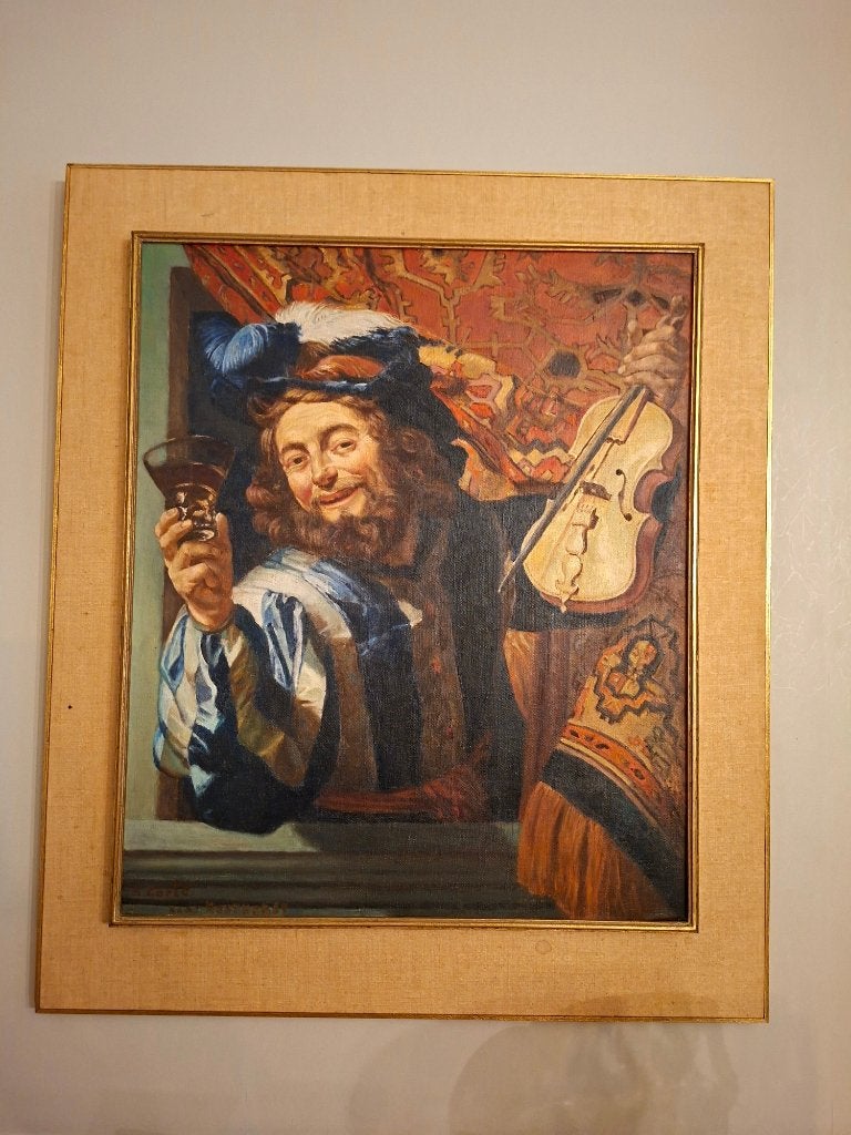 Schilderij "De vrolijke vioolspeler", Antiek en Kunst, Ophalen, Doek, Portret of Personen, Gesigneerd