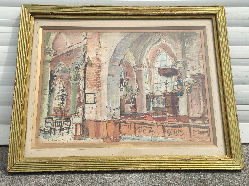 Aquarelle intérieur église signe Amédée lynen fils, Antiek en Kunst, Kunst | Schilderijen | Klassiek, Ophalen of Verzenden