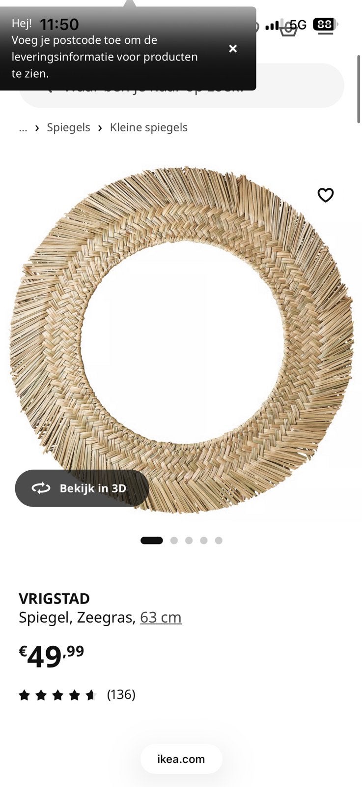 Miroir Ikea Vrigstad, Maison & Meubles, Neuf, Moins de 100 cm, Rond, Enlèvement
