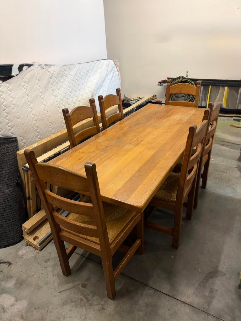 Massieve eiken tafel + 6 stoelen – stevige landelijke set, Huis en Inrichting, Complete eetkamers, Gebruikt, Ophalen