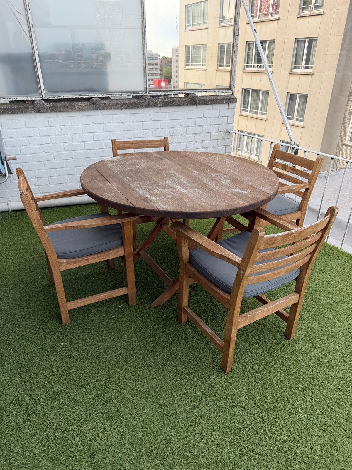 Teak meubelen tafel 120cm met 4 stoelen, Ophalen, Gebruikt