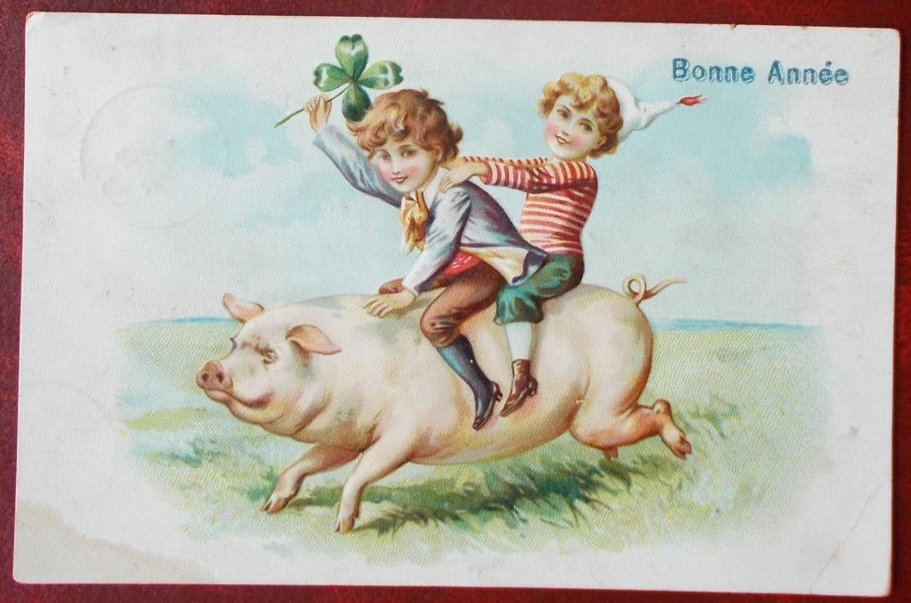 Postkaart uit 1908 kinderen op varken, Verzenden, Voor 1920, Gelopen, Kinderen
