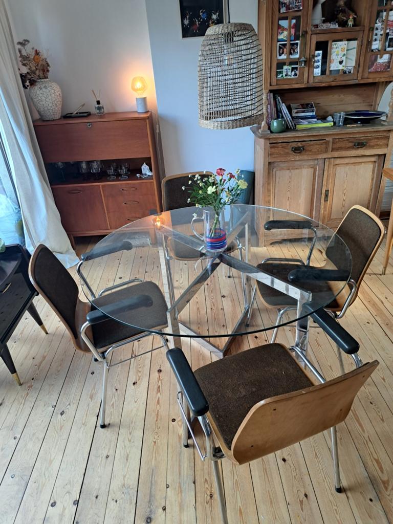 Table ronde en verre 70's en métal et 5 chaises vintage, Enlèvement