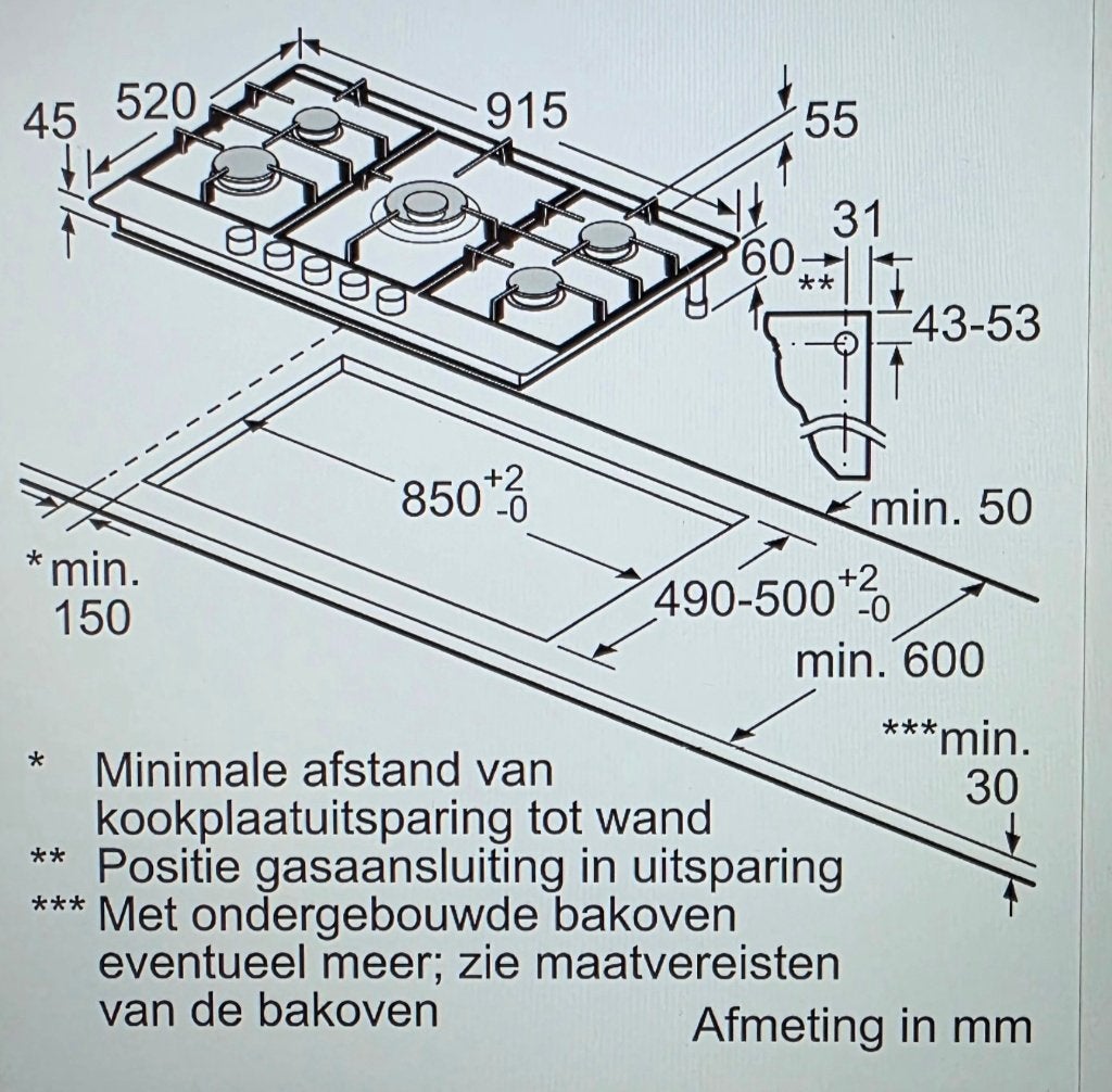Gaskookplaat Siemens 5 branders, 90cm., Ophalen, Gebruikt, Inbouw, Gas