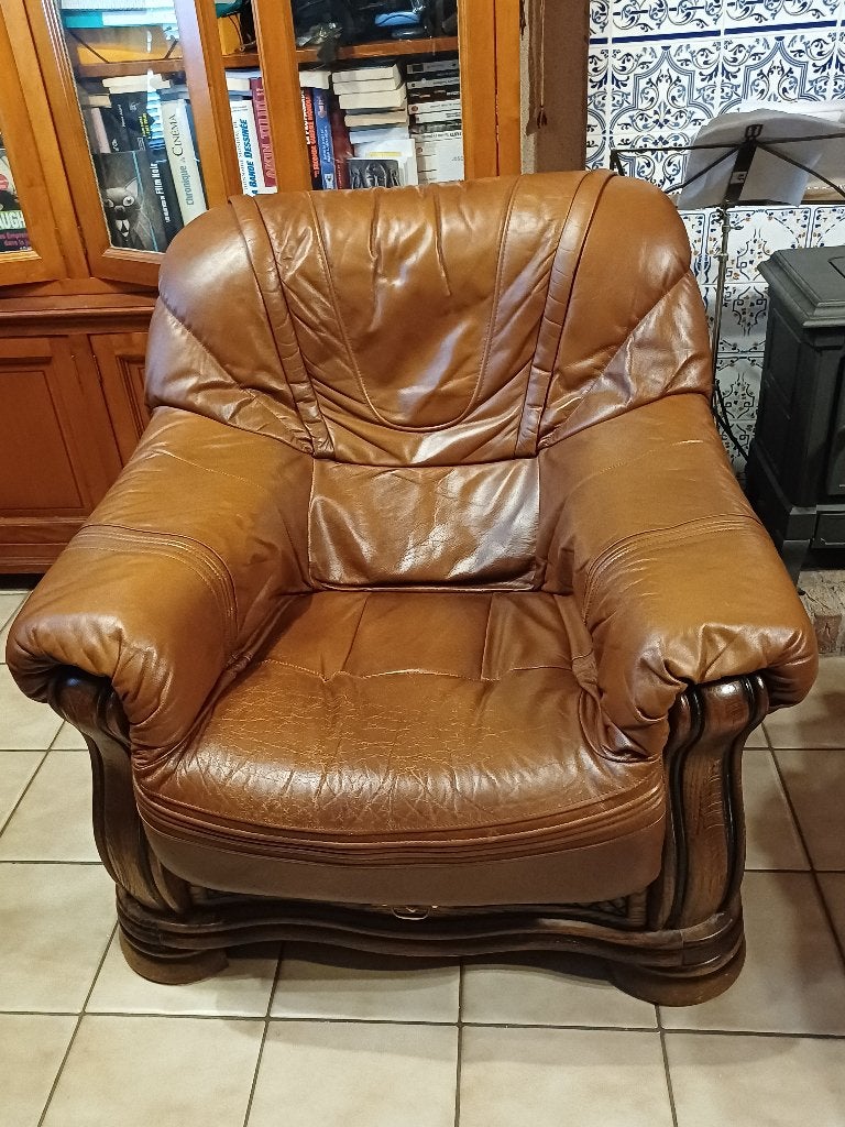 fauteuil cuir/chêne à donner, 75 à 100 cm, Rustic, Enlèvement, Utilisé