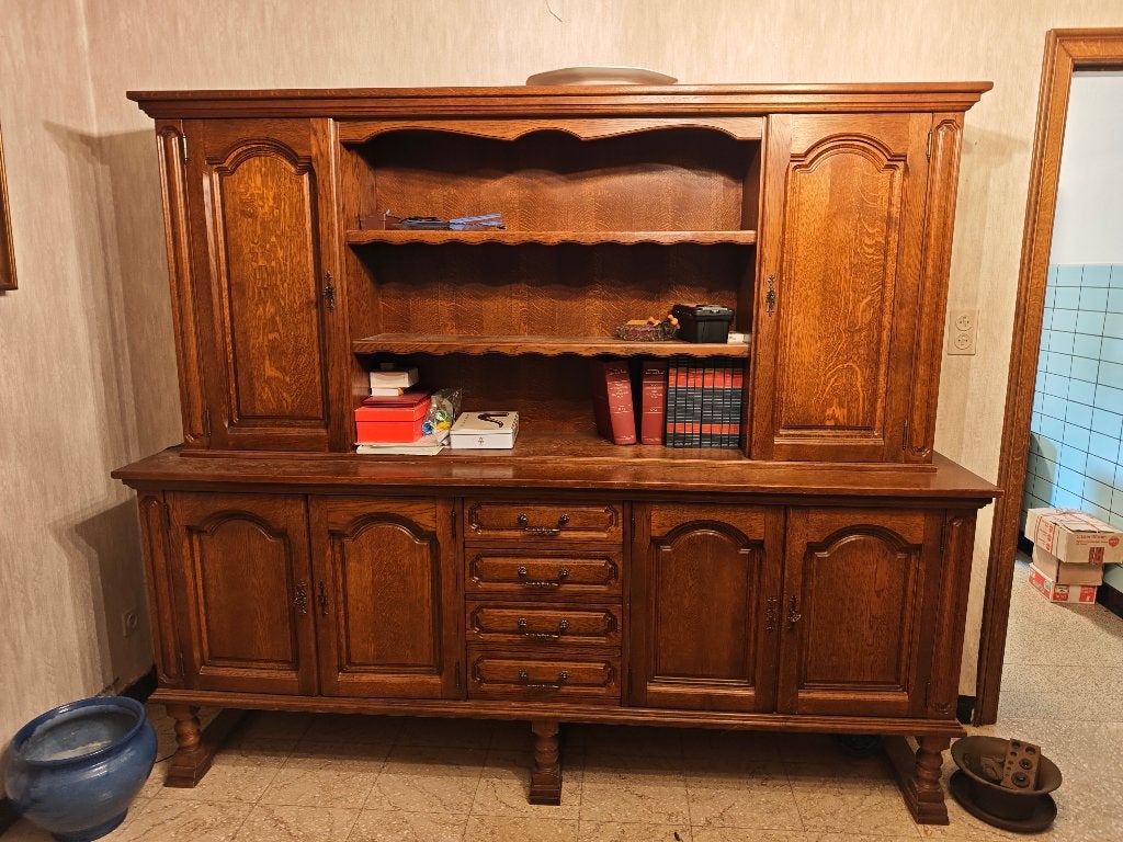 Mooie, ruime klassieke buffetkast in donker hout, Ophalen, Klassieke/ landelijke stijl, Met lade(s), 200 cm of meer