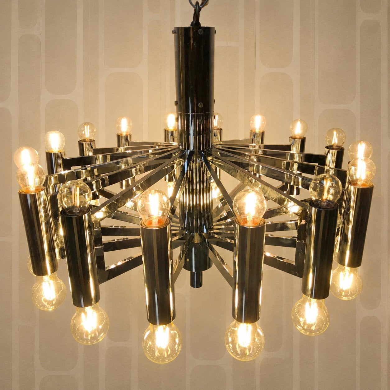 Vintage Grote Chromen Itiliaanse Space Age hanglamp Sciolari, Huis en Inrichting, Lampen | Hanglampen, Zo goed als nieuw, Metaal