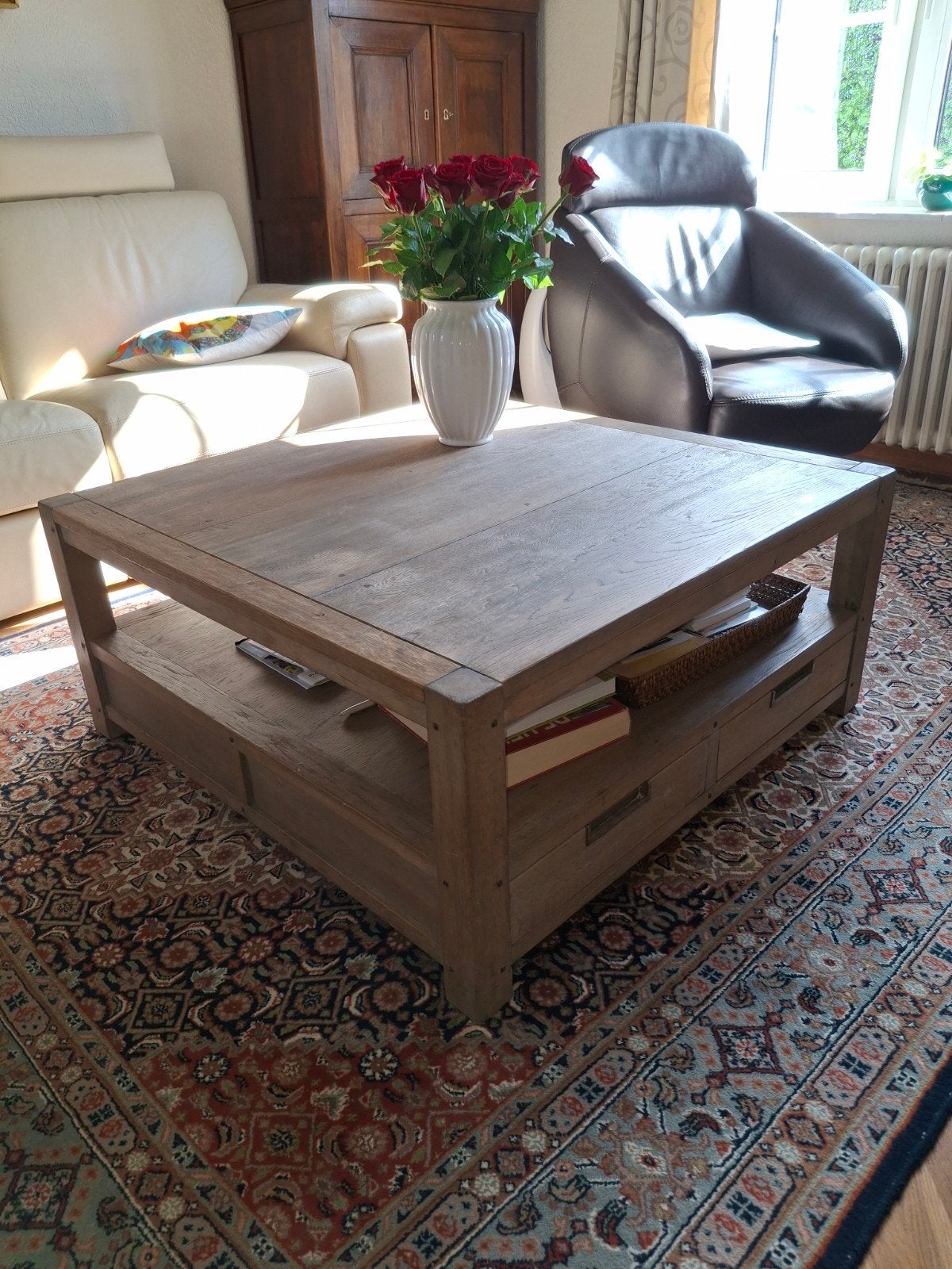 degelijke, massief eiken, vierkante salontafelafel, Huis en Inrichting, Tafels | Salontafels, Ophalen, Gebruikt, Vierkant, Eikenhout