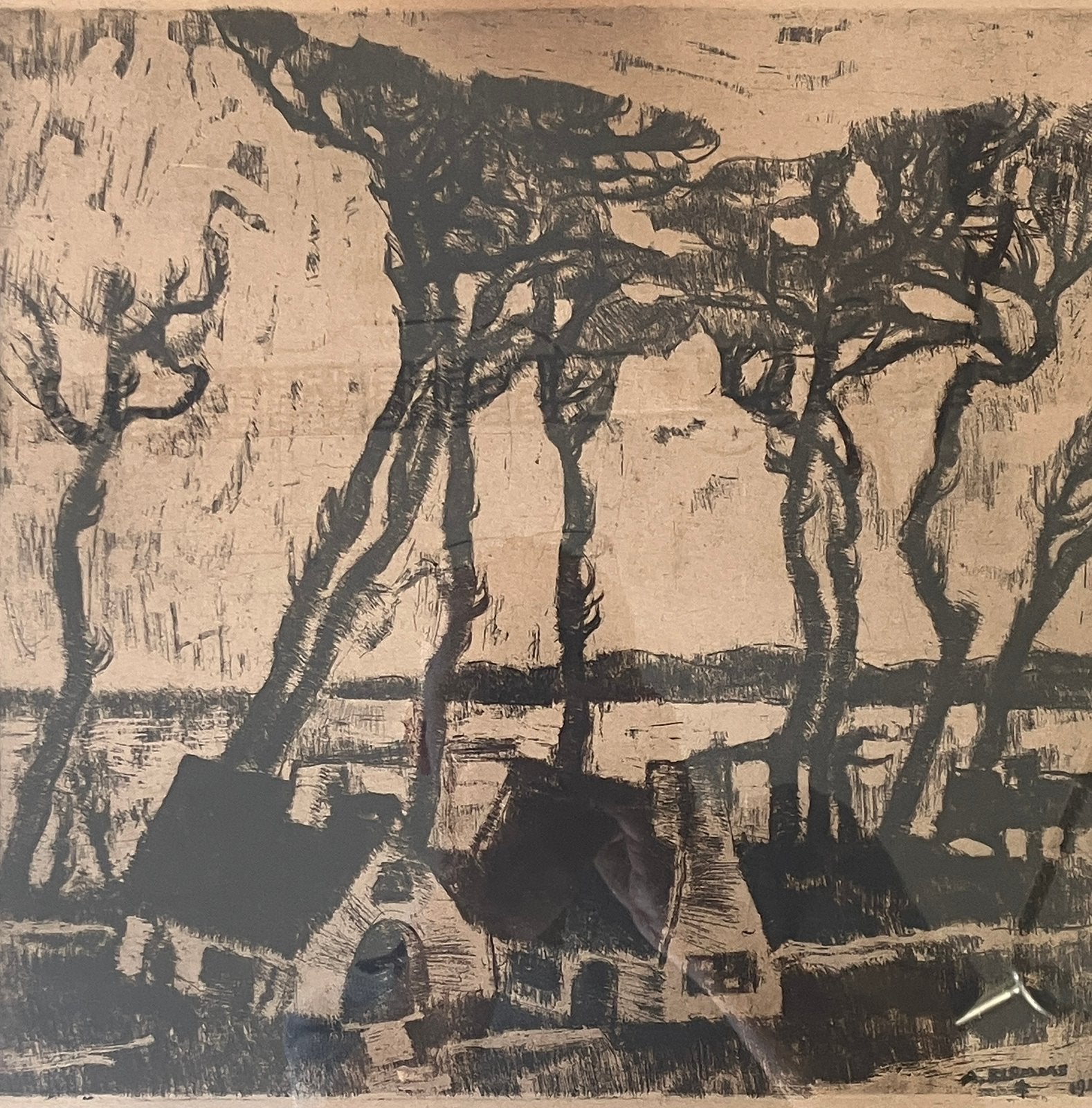 Ets Alfons Blomme (1889-1979) Hoeves onder hoge bomen, Antiquités & Art, Enlèvement, Eau-forte