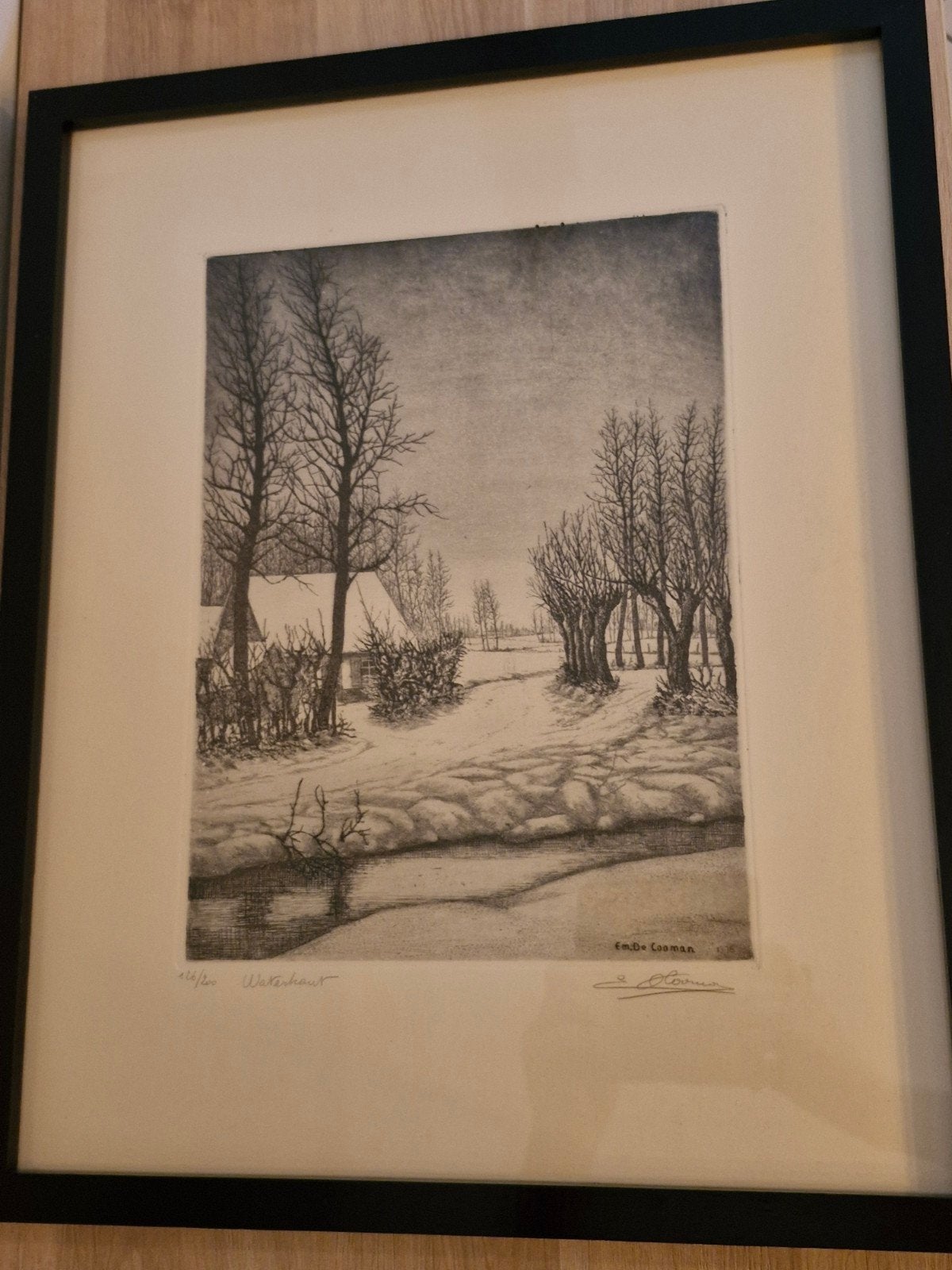 Emiel De Cooman, originele ets, waterkant, 52x42 cm, 1975, Eau-forte, Enlèvement ou Envoi, 1950 - 1999, Paysage