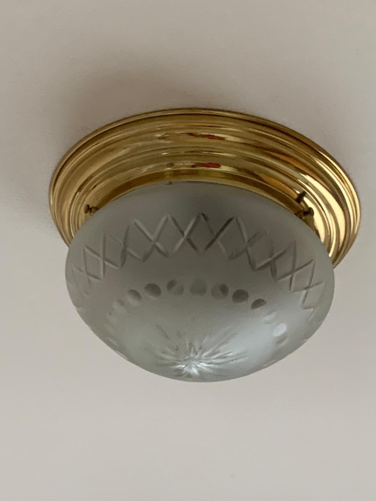 Retro vintage plafond lampen met geslepen glas koperen beves, Ophalen of Verzenden, Zo goed als nieuw