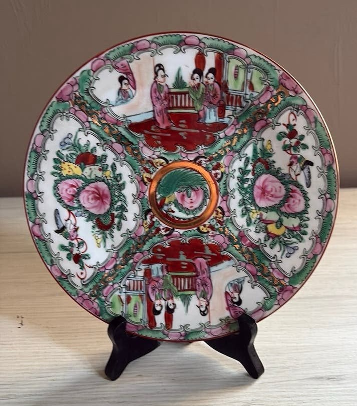 Belle assiette chinoise vintage « médaillon rose » - Ø 21 cm, Enlèvement ou Envoi