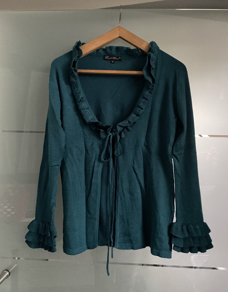 Touch Down Petrolblauwe Cardigan / Wikkelvestje met Ruches S, Ophalen of Verzenden, Zo goed als nieuw, Maat 36 (S), Blauw