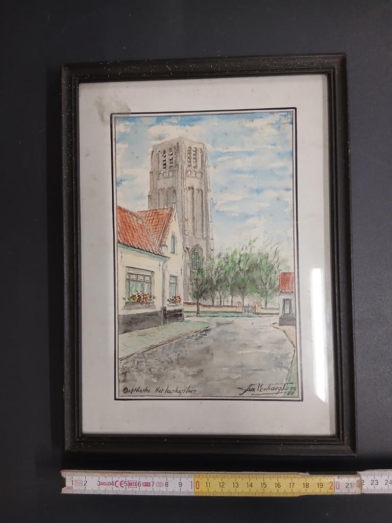 Aquarel Oostkerke het kerkeplein, Antiquités & Art, Enlèvement ou Envoi